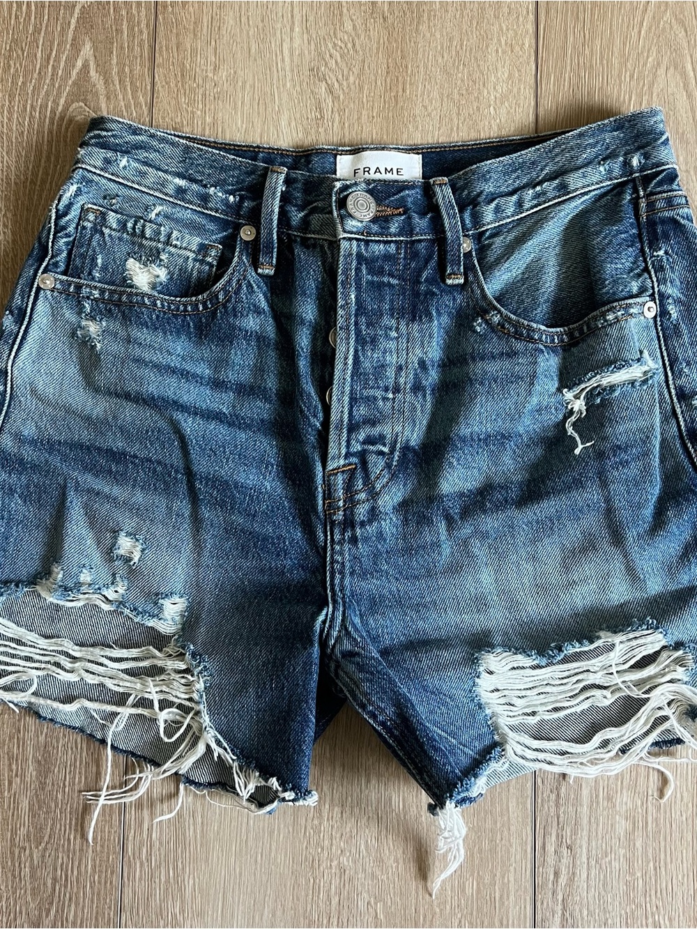 Frame Denim Ripped High-Rise Jean Shorts in Dark Blue Wash size 24